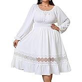 SHESTARR Women's Plus Size Long Sleeve Midi Dress Scoop Neck Smocked Empire Waist A Line Ruffle Hem Lace Trim Flowy Dresses