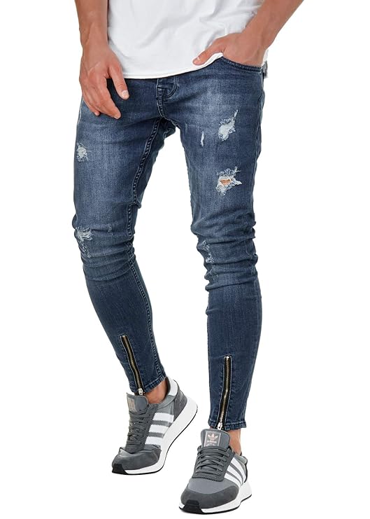 EightyFive Herren Denim Destroyed Jeans-Hose 7/8 Slim Fit Zipper Blau EFJ0075