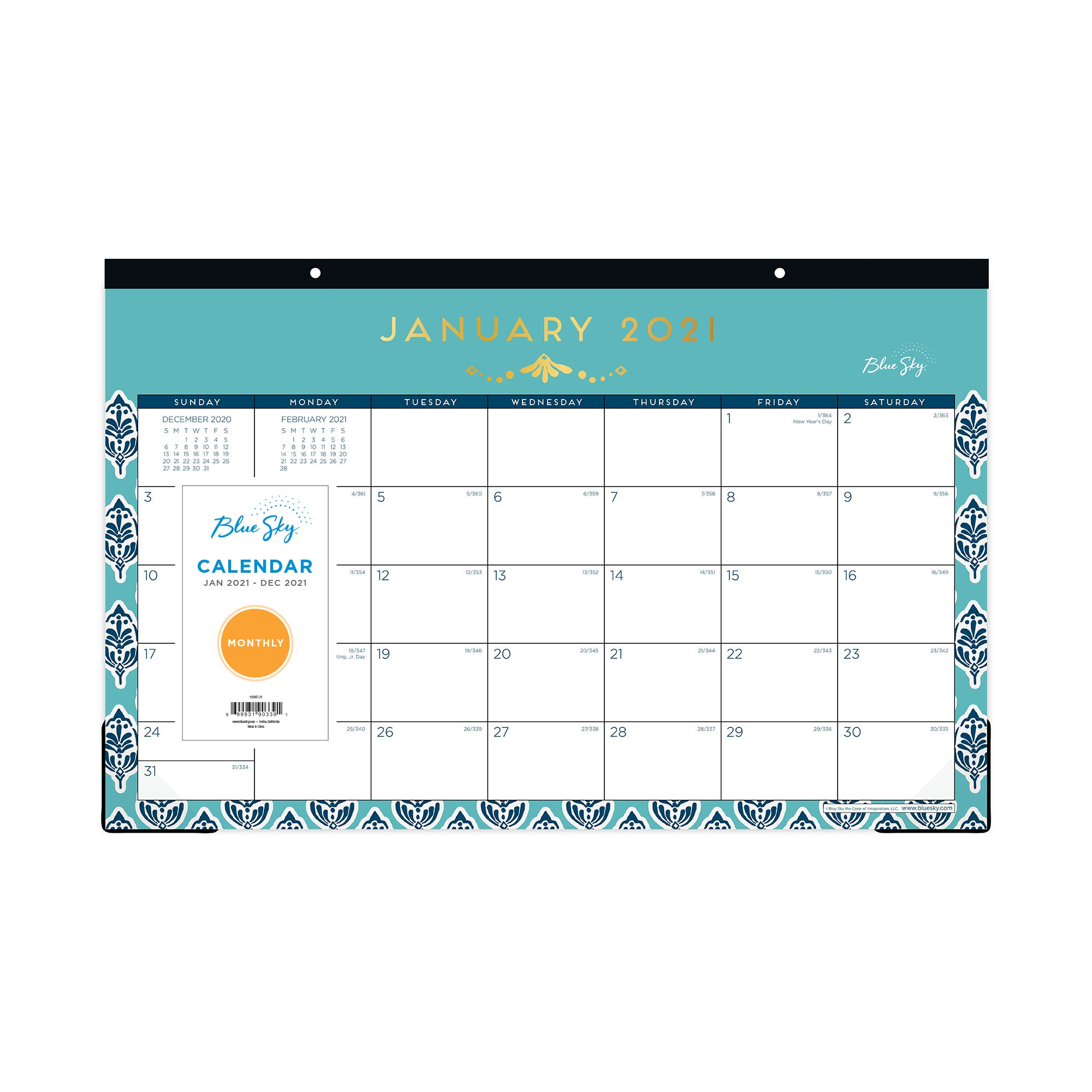 Blue Sky 2021 Monthly Desk Pad Calendar, Trim Tape Binding, Two-Hole Punched, 17" x 11", Sullana (116047-21)