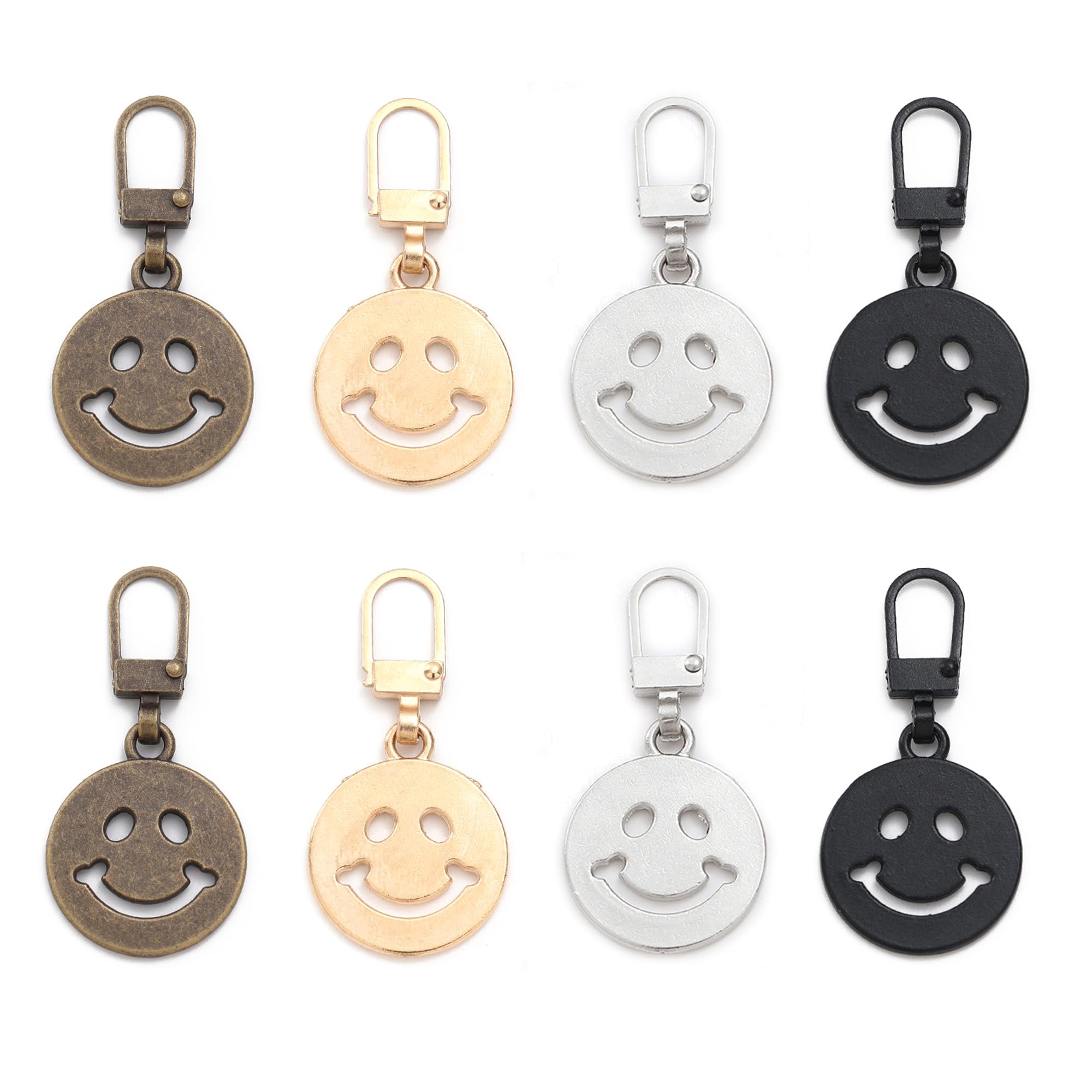 DHER Zipper Metal Zip Tabs Pull Removable Zip 8 Pieces Zip Puller Removable Zip Head Replacement Zip Head (Smiley Face 4 Colours)