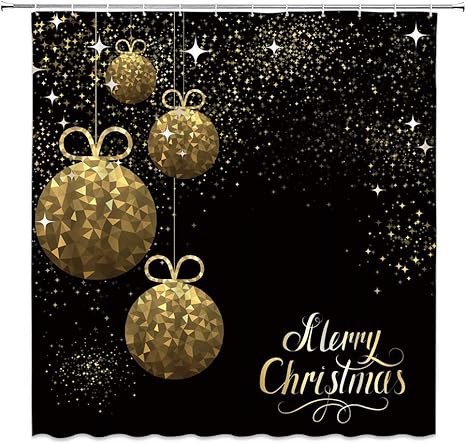 Amazon Amxxy メリークリスマスシャワーカーテンゴールデンボールシャイニングスタークリスマスホリデーヴィンテージブラックゴールドバスルームカーテン装飾ポリエステル生地速乾性72x72インチフック付き シャワーカーテン ホーム キッチン オンライン通販