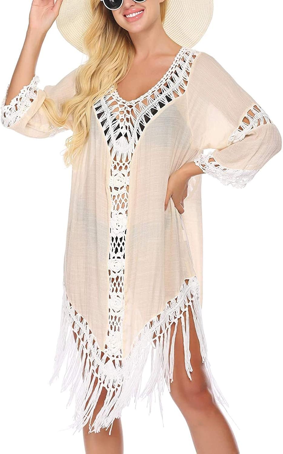 Ladies Beach Poncho Tunic Bikini Cover Up Knitted Short Beach Feast Clothing Dress with Tassels