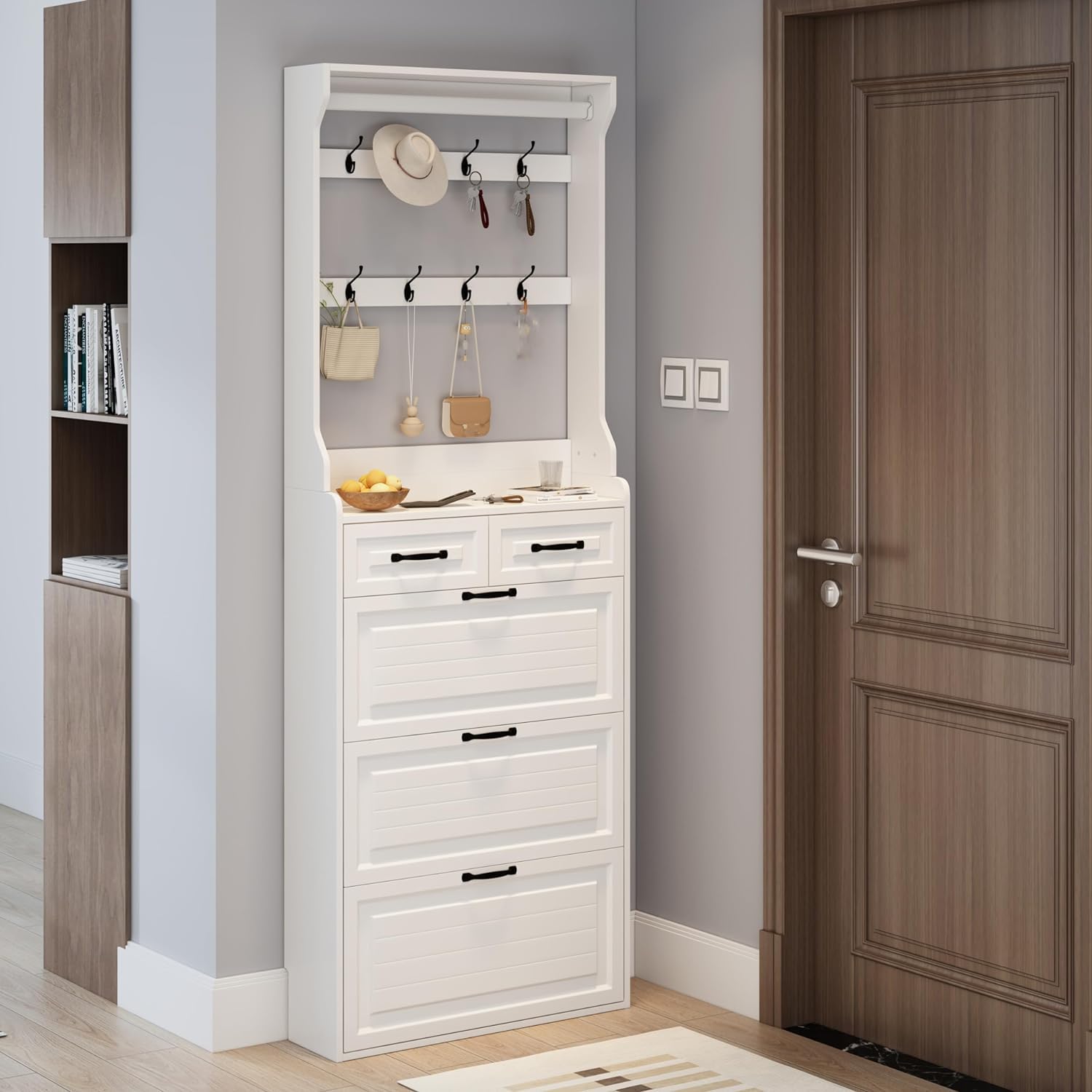 Photo 1 of CuisinSmart Shoe Storage Cabinet for Entryway, Free Standing Shoe Organizer with 3 Flip Doors and 2 Drawers, Narrow Storage Cabinet with Hanger for Hallway Entryway White