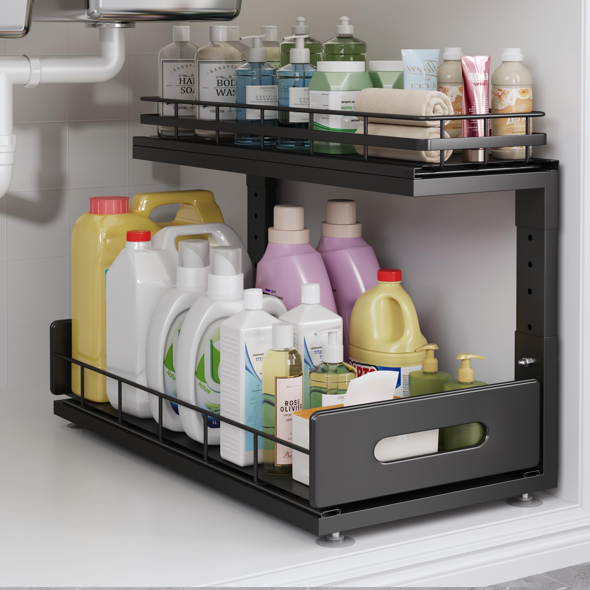 Photo 1 of 1 Pack 18 IN Depth Under Sink Organizer with Smooth Ball Bearing Slides,2-Tier Pull Out Cabinet Storage,Slide Out Drawers for Bathroom&Kitchen,Rust-resistant Coating,Height Adjustable-Black