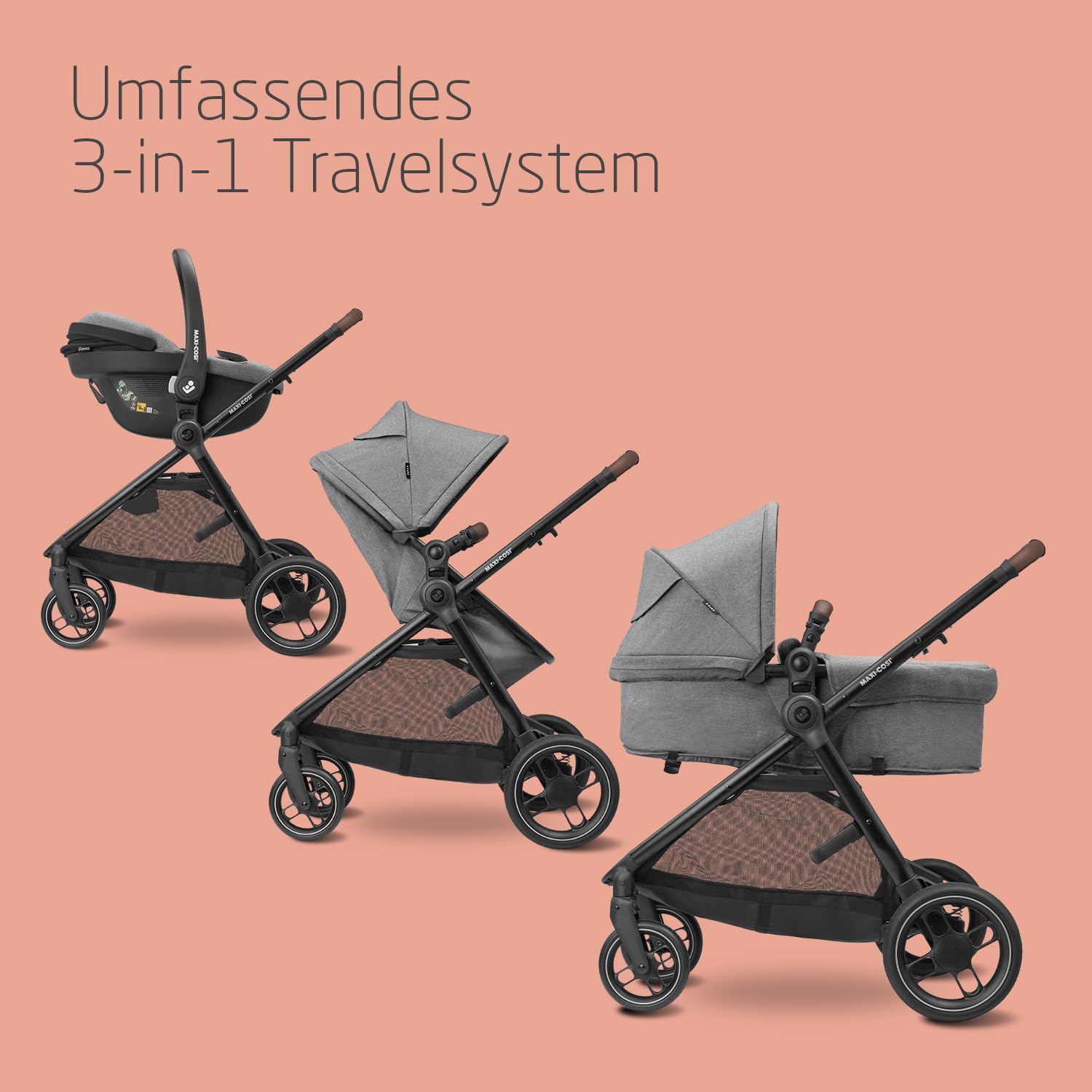 Maxi-Cosi Zelia S Trio Kinderwagen 3 in 1 Komplettset, 0-4 Jahre, bis 22 kg, Zusammenklappbar, Kompakt, Verstellbarer Baby Kinderwagen, mit CabrioFix S i-Size Babyschale, Zubehör, Wickeltasche, Grau 2