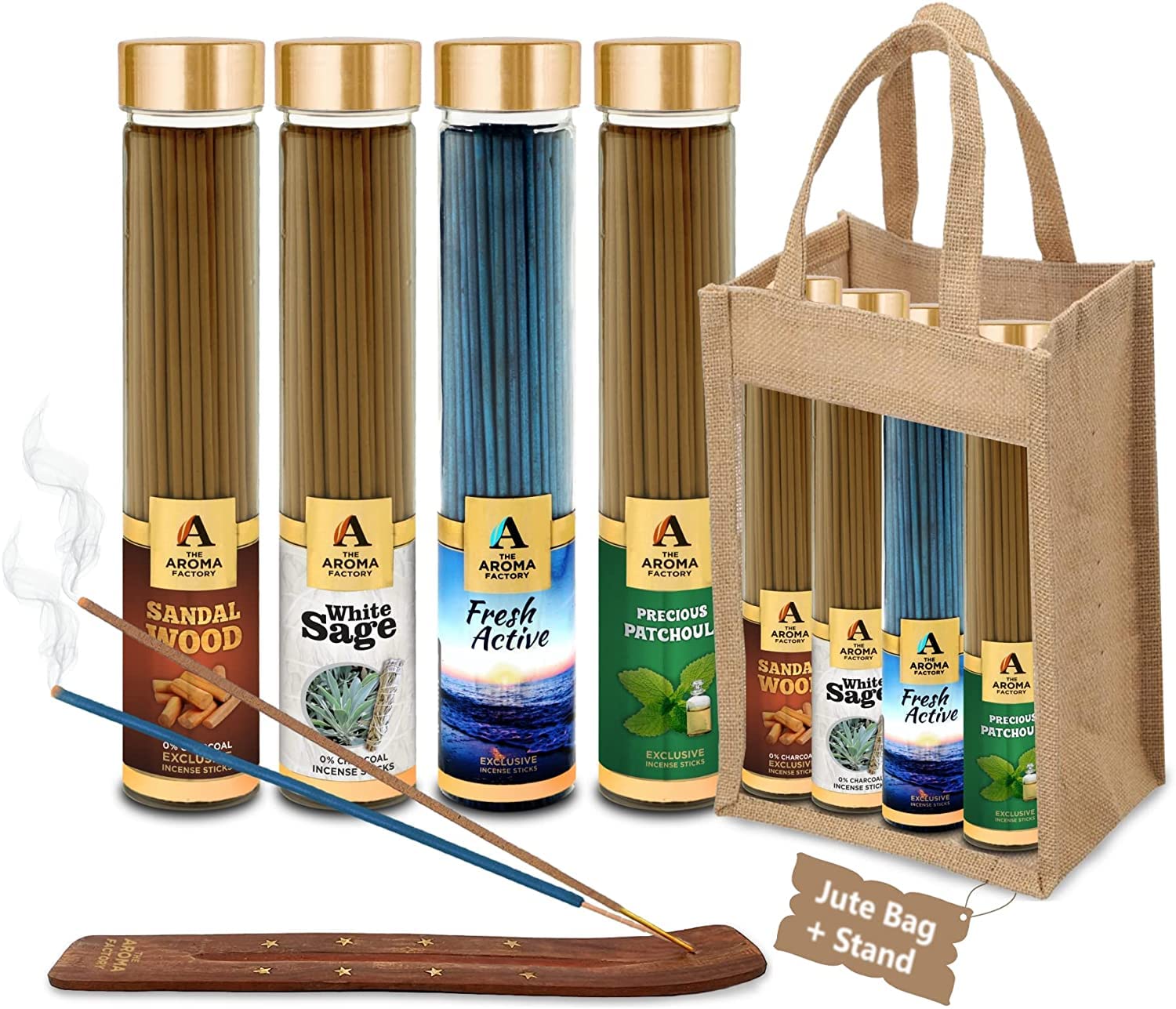 The Aroma Factory Organic Incense Sticks Natural Aromatic Fragrances | Charcoal Free| Non Toxic | Hand Made Herbal Pooja Agarbatti, Combo of 4 x 100g Jute Gift Set (Exotic Healing)