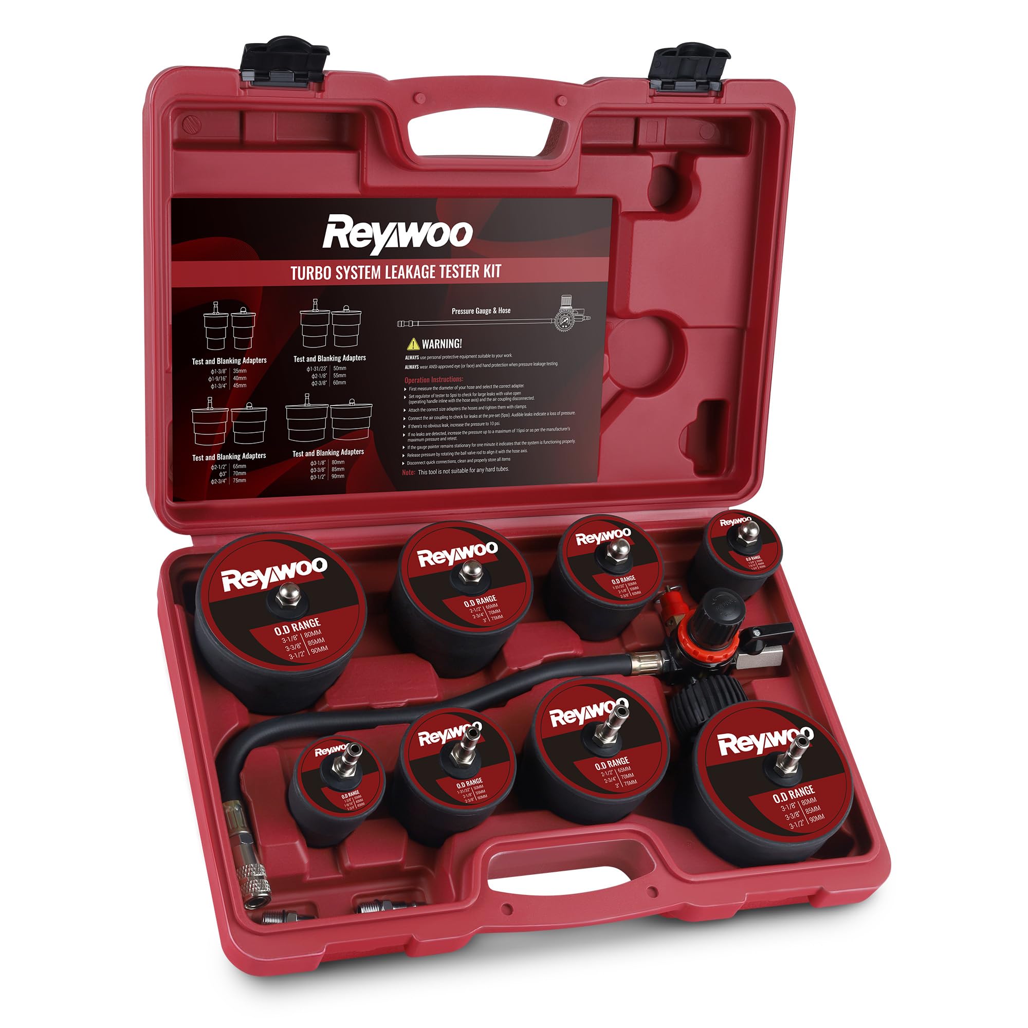 Photo 1 of Reywoo Turbo Boost Leak Tester Kit, 10pc Turbo System Leakage Tester Set with 4 Pairs of Stepped Adapters 1-3/8" to 3-1/2", Turbo Pressure Leakage Tester for Cooling Emissions Exhaust Pipes