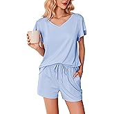 Ekouaer Women's Pajamas Set Ruffle Sleeves Sleepwear V Neck Comfy 2 Piece Pjs Loungewear Set with Pockets S-XXL