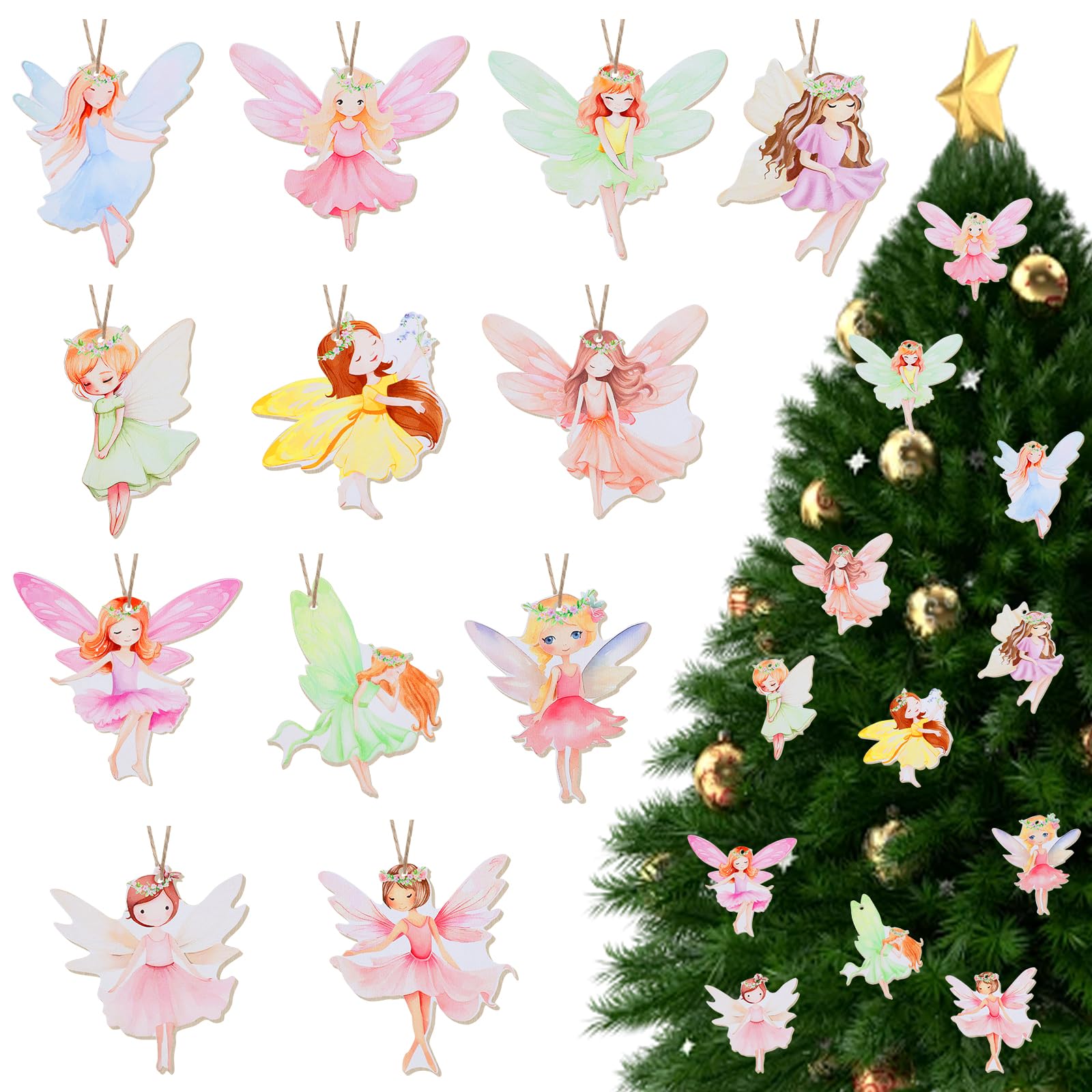 Cheereveal 24Pcs Wooden Fairy Hanging Ornaments for Christmas Tree, Colorful Fairy Hanging Pendant Embellishments DIY Crafts for Door Wall room Decor, Wood Fairy Decorations Supplies
