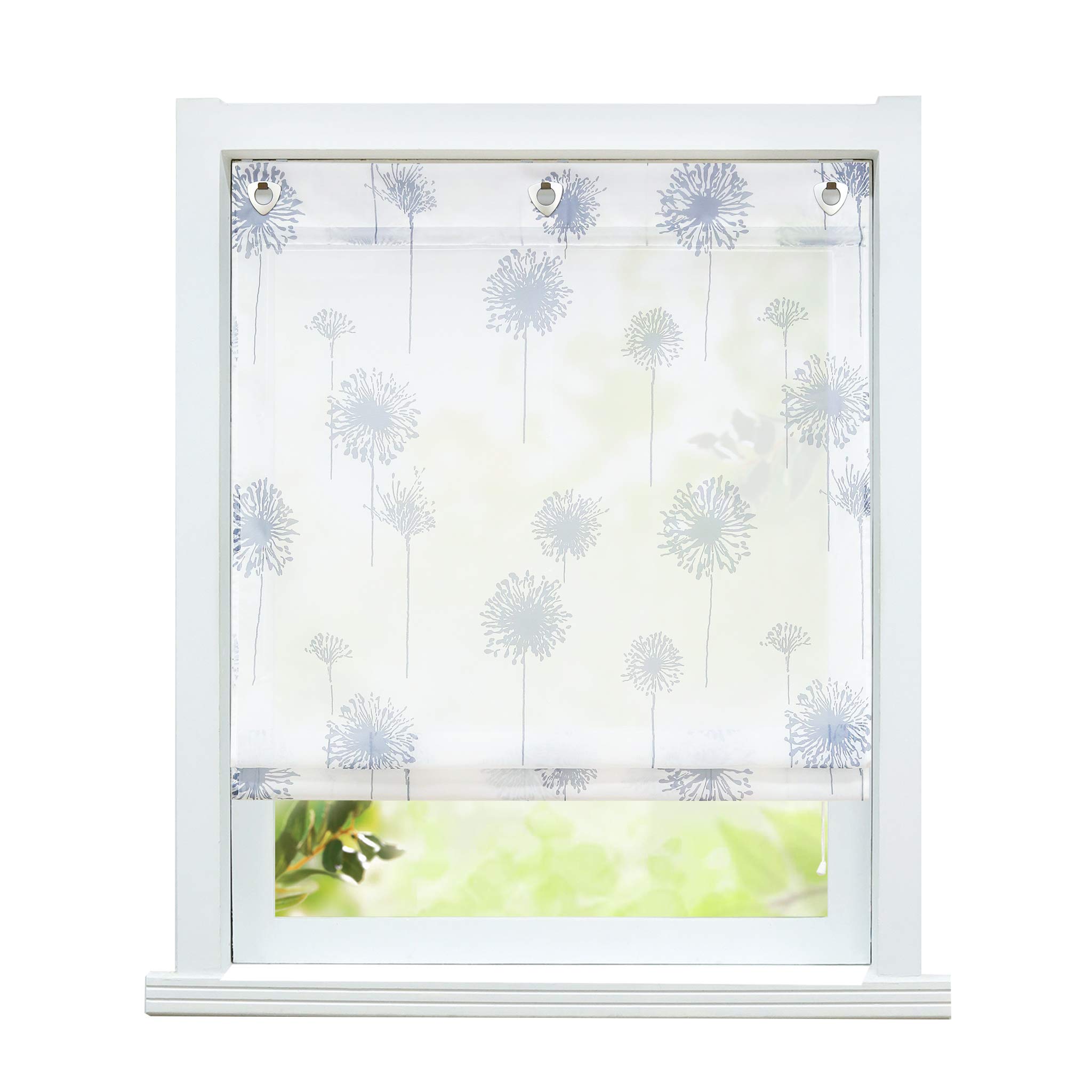 ESLIR Roman Blind No Drilling Required Roman Curtain with Eyelets Transparent Curtains with U-Hooks Eyelet Roller Blind Modern White Dandelion Pattern W x H 80 x 140 cm 1 Piece