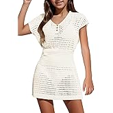 CharmWM Girls Summer Crochet Swim Beach Cover Up Button Elastic Waist Beach Dress 5-14 Years