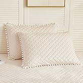 LIFEREVO Set of 2 Diamond Quilted Velvet Bed Pillowcases 20"x26", Pom Poms Fringe Decorative Throw Pillow Shams, Soft Bed Pillow Cases Zipper Closure for Teen's Girls Bedroom (Beige, Standard)