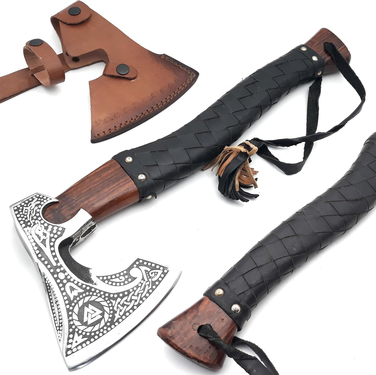 Photo 1 of Ancilla Russian Axe Hatchet - Russian Valknut Wood Hand - Crafted Tomahawk Axe - Bearded Viking Hatchet for Camping with Leather Sheath - Unique Gift for Hunting Men - Vikings Prop and Cosplay