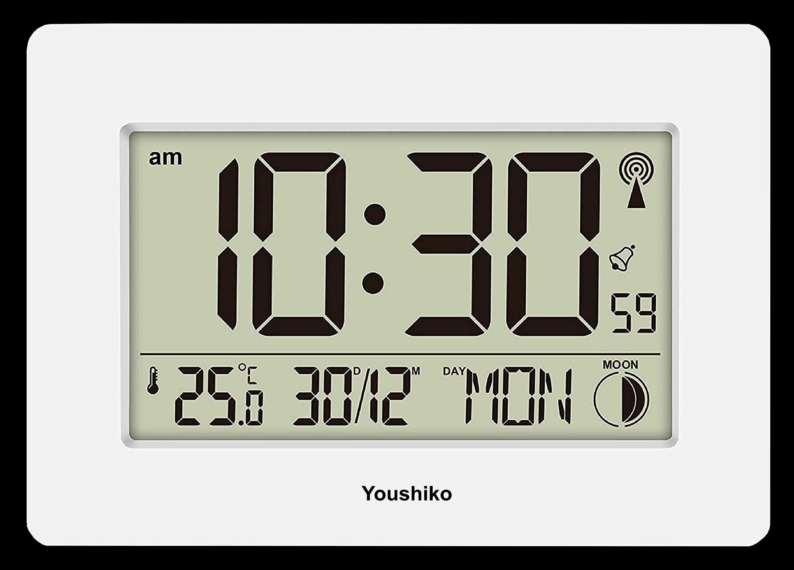 Youshiko Radio Controlled Wall Clock (Official UK Version) Large Screen LCD Silent Auto Set Up with Day Date Month h