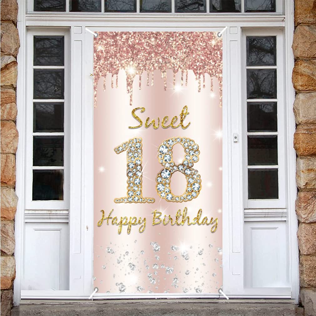 Sweet 18 Birthday Decorations for Girl, Happy 18 Years Old Backdrop Banner Rosegold Fabric Sign Poster, Girl 18th Birthday Door Banner Party Supplies Photo Background Welcome Sign