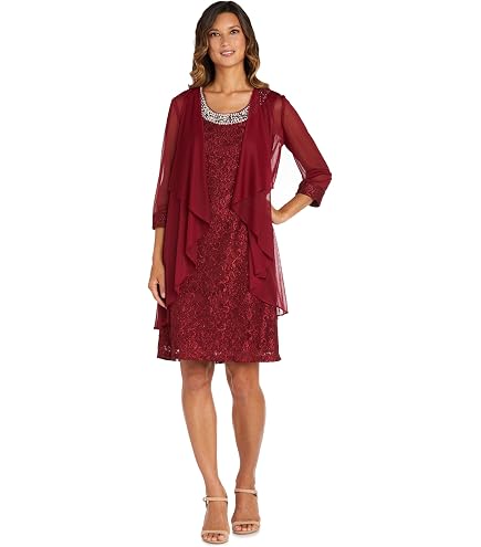 R&M Richards Women's Flyaway Chiffon Jacket & Shift Lace Glitter Dress W/ Beaded Neckline