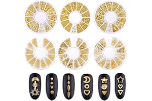 Beuniar Nail Micro Beads Studs 3D Nails Supply Gold Art Decorations Charms Metal 6 Boxes Star Moon Heart Triangle Square Rivet for Fingernails & Toenails Decor