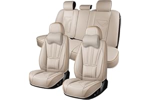 JHKLS Full Set Seat Covers, Front and Rear Split Bench Covers, Leatherette Auto Seat Protectors Car Seat Cushions, Front and Rear Seat Protectors, for Most Sedans SUV Pick-up Trucks, Beige