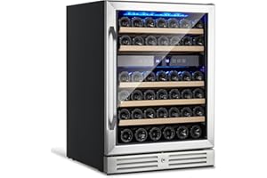 CuisinAid 24” Wine Cooler Refrigerator, 46 Bottle Dual Zone Built-in Freestanding Wine Fridge, LED Operation Screen, Double-Layer Tempered Glass Door with Lock, Under Counter Wine Cellar