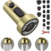 TIORIY Kitchen Faucet Head with 15 Adapters, High Pressure 3 Functions Pull Down Kitchen Spray Head Replacement, Pull Out Kitchen Sink Sprayer Nozzle, Brushed Gold, ABS