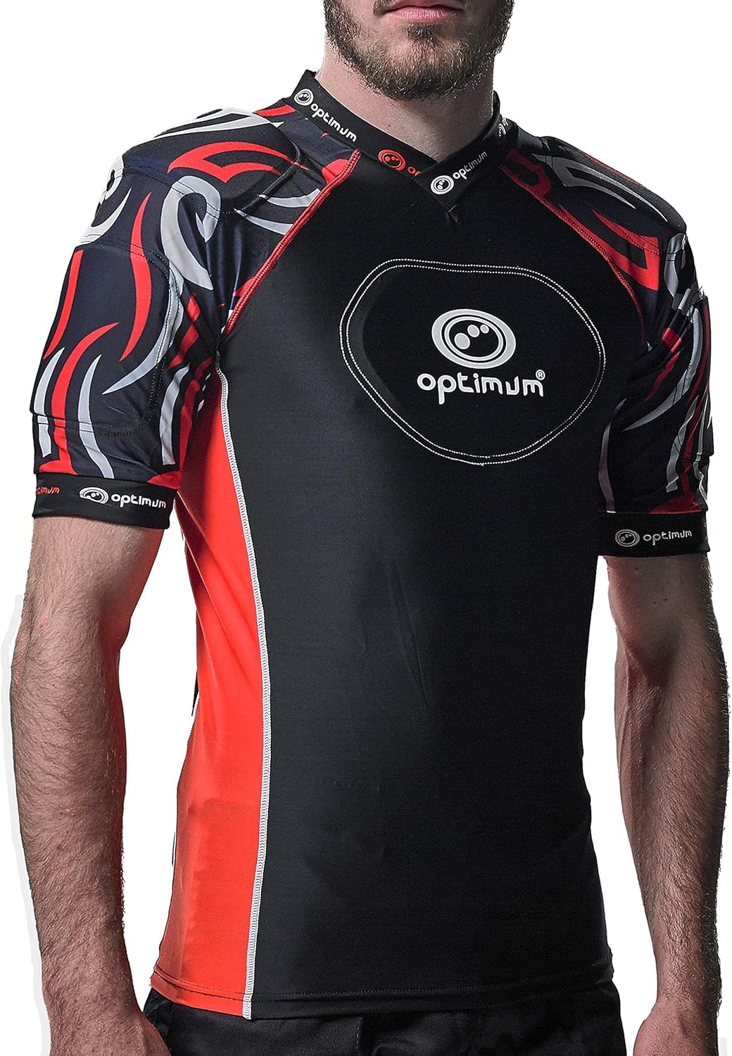 Optimum Word Rugby Approved Razor Protective Top for Adults & Kids – Lightweight Unisex EVA Padded Shirt for Rugby, Breathable Lycra Compression Fit - Black/Red (Small)