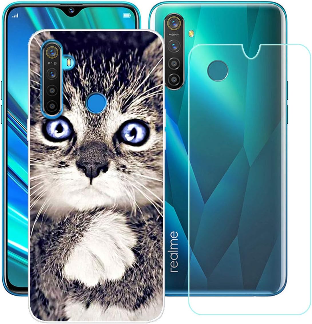 Case for Oppo Realme 5 Pro Cover + Screen Protector Tempered Glass Protective Film - YZKJ Flexible Soft Gel Crystal Transparent TPU Silicone Protection Case for Oppo Realme 5 Pro 6.3" - HY43