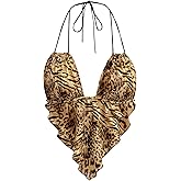 Verdusa Women's Y2k Leopard Print Rave Outfits Deep V Halter Crop Tops Ruffle Going Out Top Clubwear