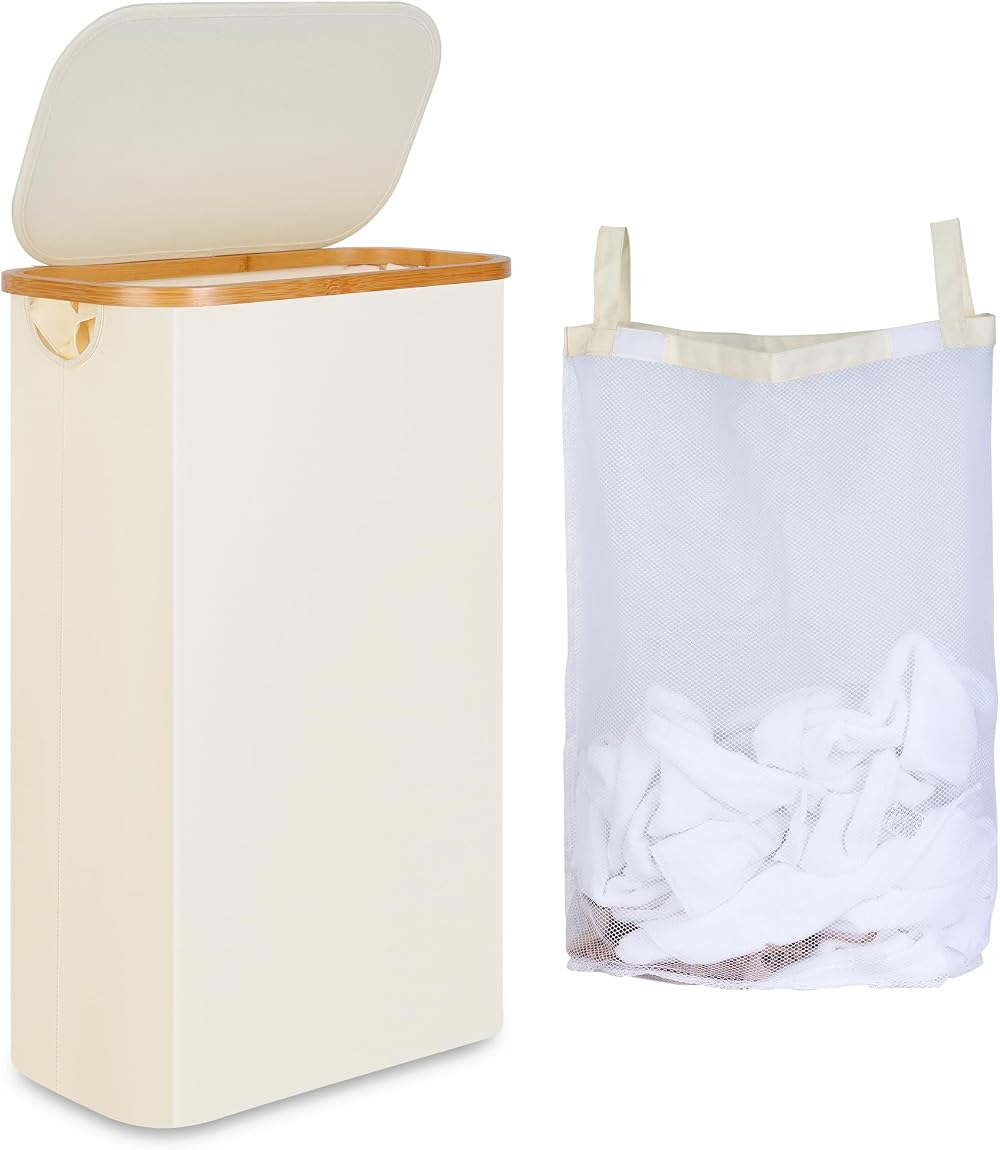 iEGrow 60L Slim Laundry Basket with Lid Bamboo Handles Beige