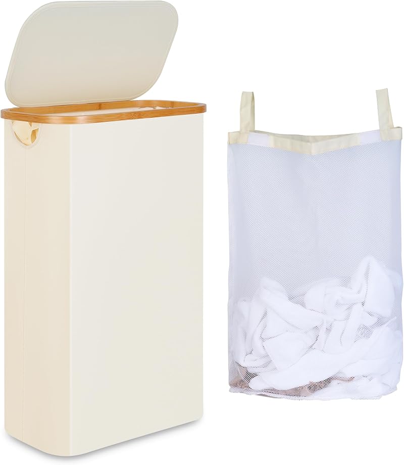 iEGrow 60L Slim Laundry Basket with Lid Bamboo Handles Beige