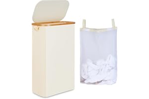 iEGrow Slim Laundry Hamper, Narrow Laundry Basket with Lid,Foldable Clothes Hamper with Bamboo Handles,Hamper Basket with Removable Inner Bag for Laundry Room Bedroom College Dorm,60L Beige