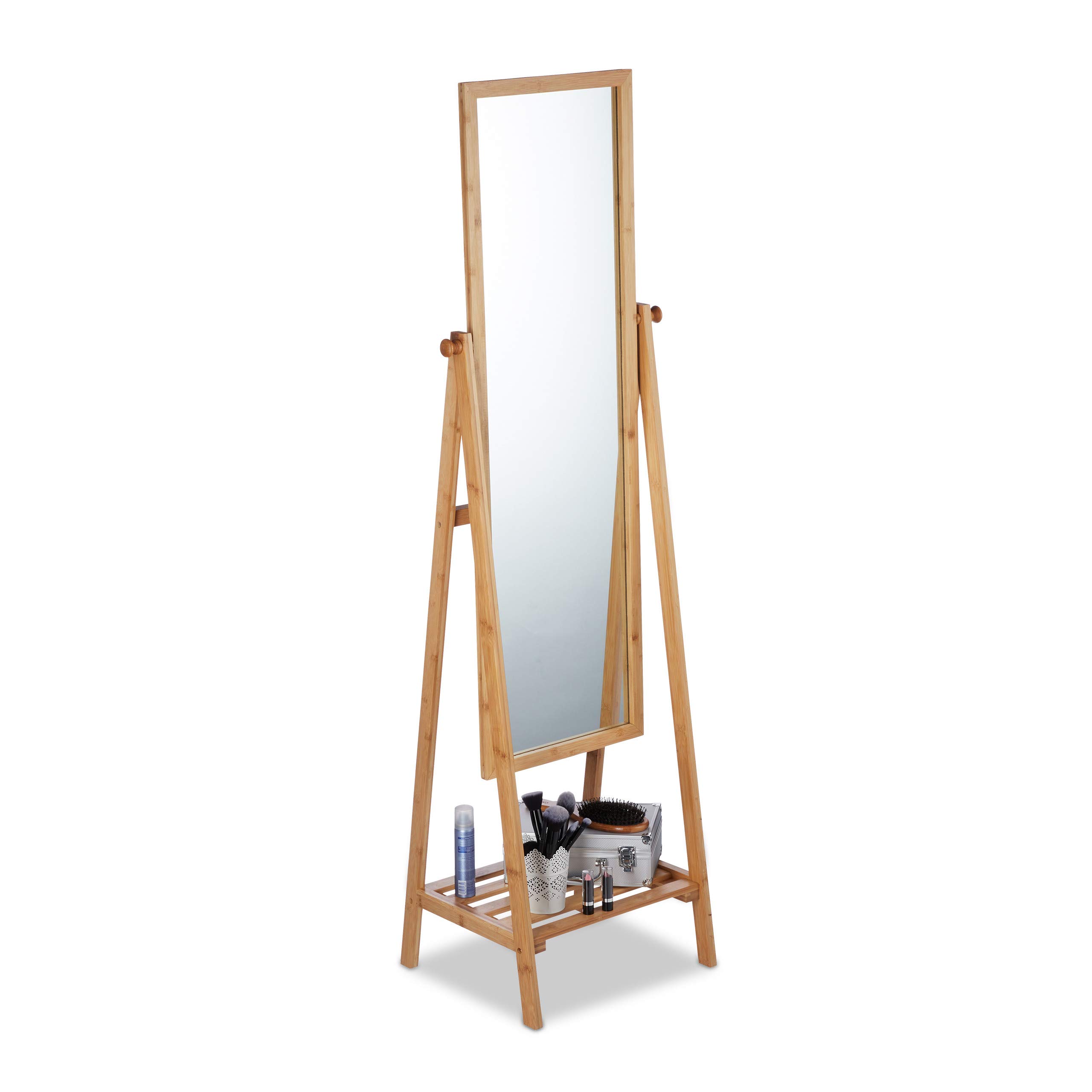 Relaxdays Bamboo Free-Standing Mirror, Swivel-Mounted, Bedroom Mirror with Drawer, HWD: 160x40x36 cm, Natural