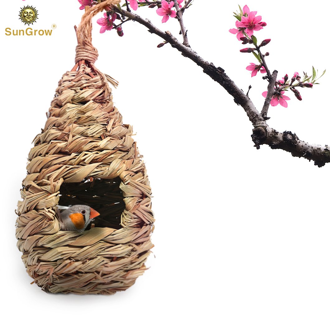 Hand-Woven Teardrop Shaped Grass Bird Hut by SunGrow - 100% Natural Fiber - Cozy resting place for birds - Provides shelter from cold weather - Bird hideaway from predators - Ideal for Finch & Canary