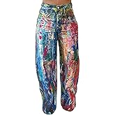Quzzion Women's Tie Dye Print Splash Jeans Baggy Printed Wide Leg Pant High Waisted Vintage Pants with Pockets Multicolor