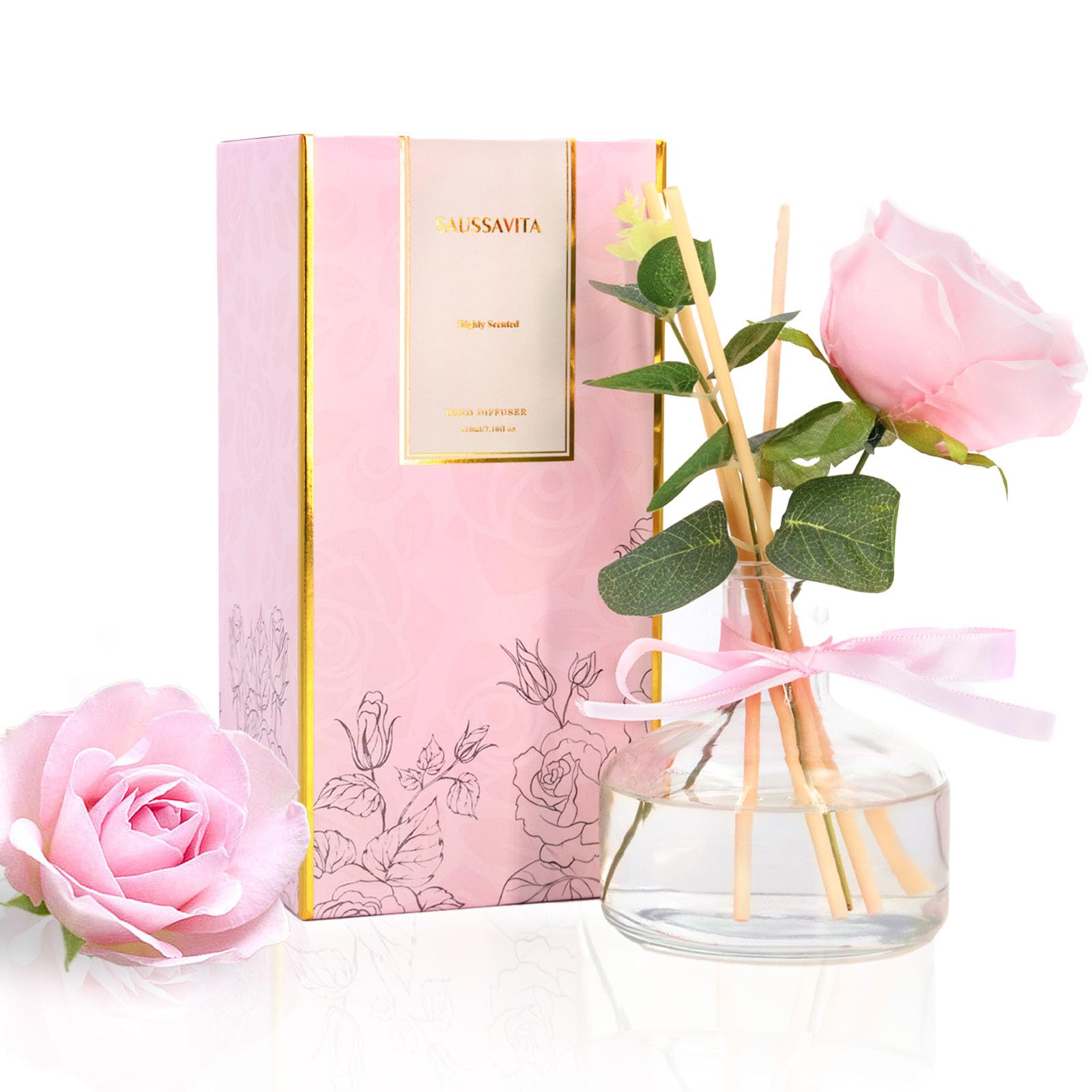 Saussavita Reed Diffuser Set for Home, 7fl oz/207 ml - Scent Diffuser with Sticks Home Fragrance Flower Reed Diffuser with Plastic Flowers Sticks (1 Pack/7Ounce, Rose Scent)