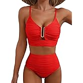 Herseas Women High Waisted U Wired Texured 2 Piece Bikini Sets | Two Piece Adjustable Straps Bathing Suits, Cutout High Rise Swim Suit, Beach Vacation Swimsuits, Pool Party
