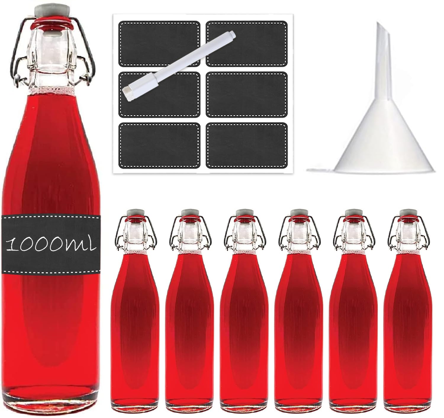 casavetro Clear Swing Top Empty Glass Bottles 1 Liter - Reusable Refillable Flip Top Stopper - Air-Tight Rubber Seal for Home Brewing (6 x 1000 ml)