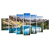 Huge 7 Pieces Canvas Wall Art Landscape View of Moraine Lake and Mountain Range at Sunset in Canadian Rocky Mountains Picture Prints Modern Home Art Stretched and Framed Ready to Hang 70x32inch