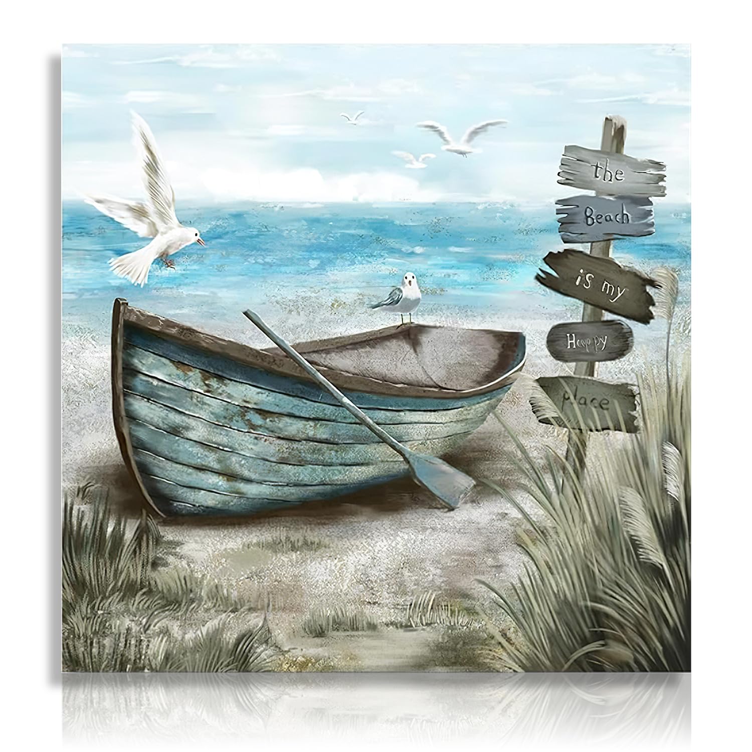 Dazzlewall Coastal Wall Decor Poster Seagull Nautical Boat on Beach, Rustic Blue Ocean Wall Poster for Bathroom Living Room Decor 16x16 in Unframed