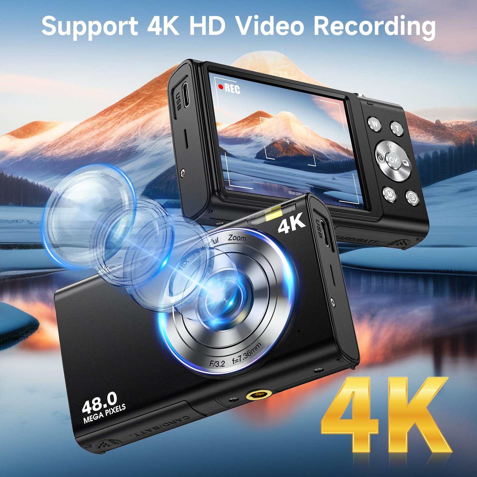 Digital Camera, Autofocus 48MP UHD 4K Vlogging Camera 16X Digital Zoom, Portable Compact Point and Shoot Digital Camera for Teens Adult Beginner with 32GB Card, 2 Batteries, Lanyard (Black)