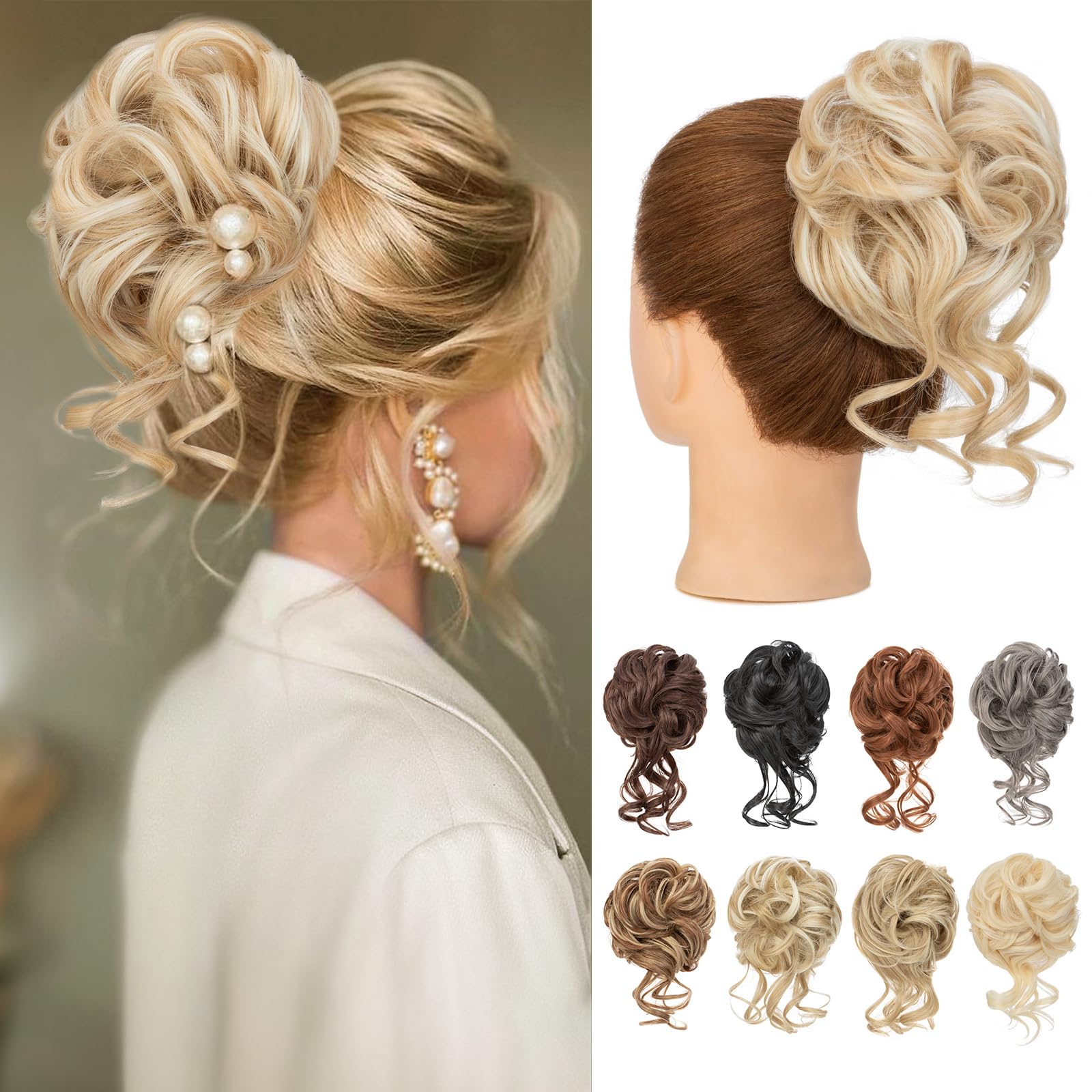 Benehair Messy Bun Hair Piece Wavy Curly Claw Clip Hair Bun Extensions Synthetic Hair Bun Donut Accessories Scrunchies Hair Pieces for Women(Light Brown mix Blonde, 75g)