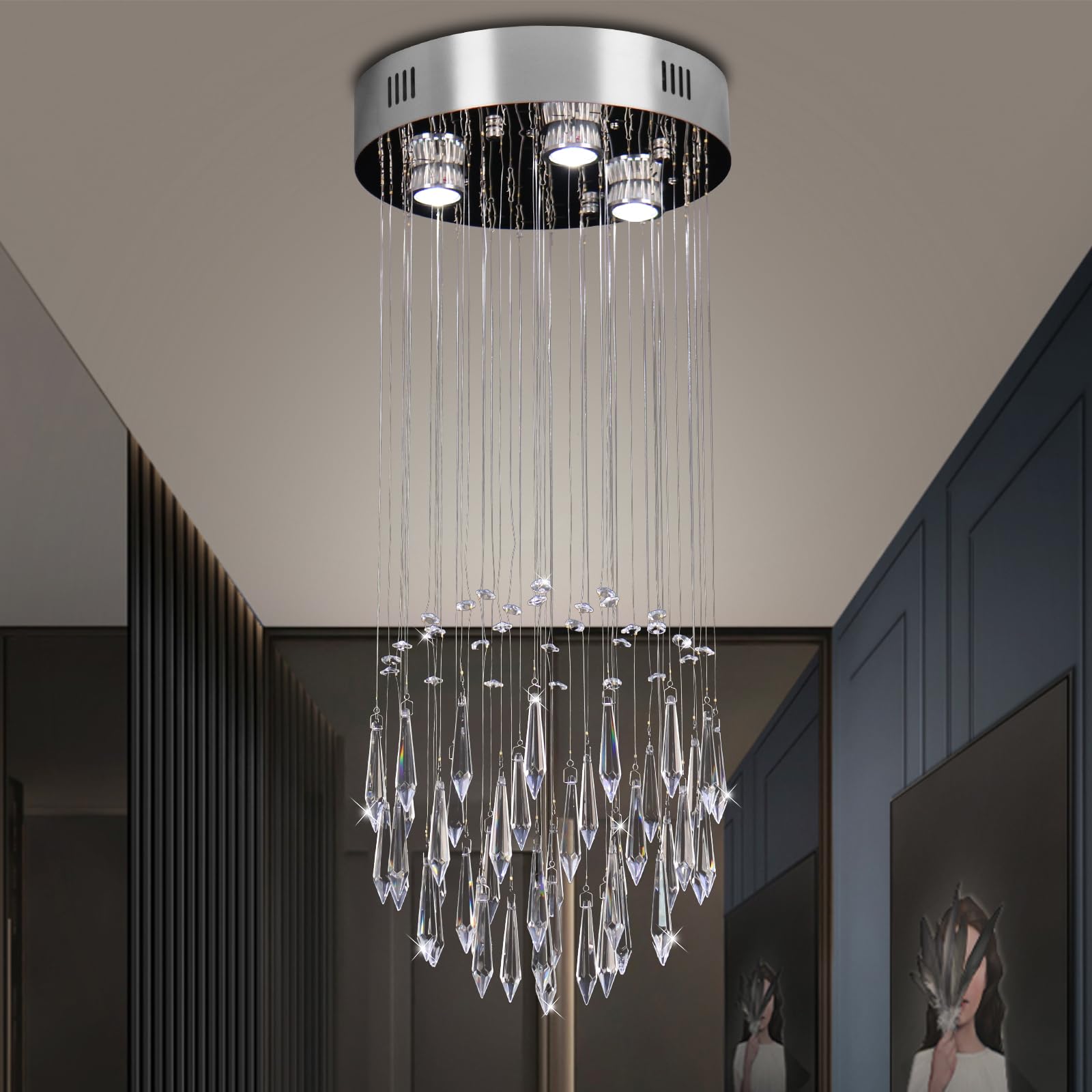 Photo 1 of FRIXCHUR Crystal Chandelier Ceiling Light Flush Mount Small Chandelier for Bathroom Foyer Entryway High Ceiling, Dia11.8 in x H28.4 in