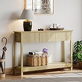 Treocho 47" Fluted Console Table with 3 Drawers, Narrow Long Entryway Table with Storage and Shelf, 2-Tier Sofa Table Behind Couch Accent Tables for Entrance Foyer, Hallway, Living Room, Oak