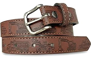 BC BELTS Kids Leather Belt Strap and Metal Buckle 1" Wide with Snaps - Construction Equipment Excavator Bulldozer Dinosaurs T-Rex