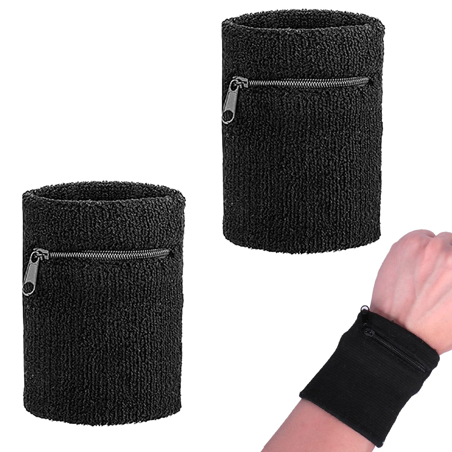 1 Pair Sweat-Absorbing Wrist Wallets – Secure Zippered Sports Band with Hidden Pocket, Breathable Gym Accessory for Running, Tennis & Basketball, Unisex Black Design
