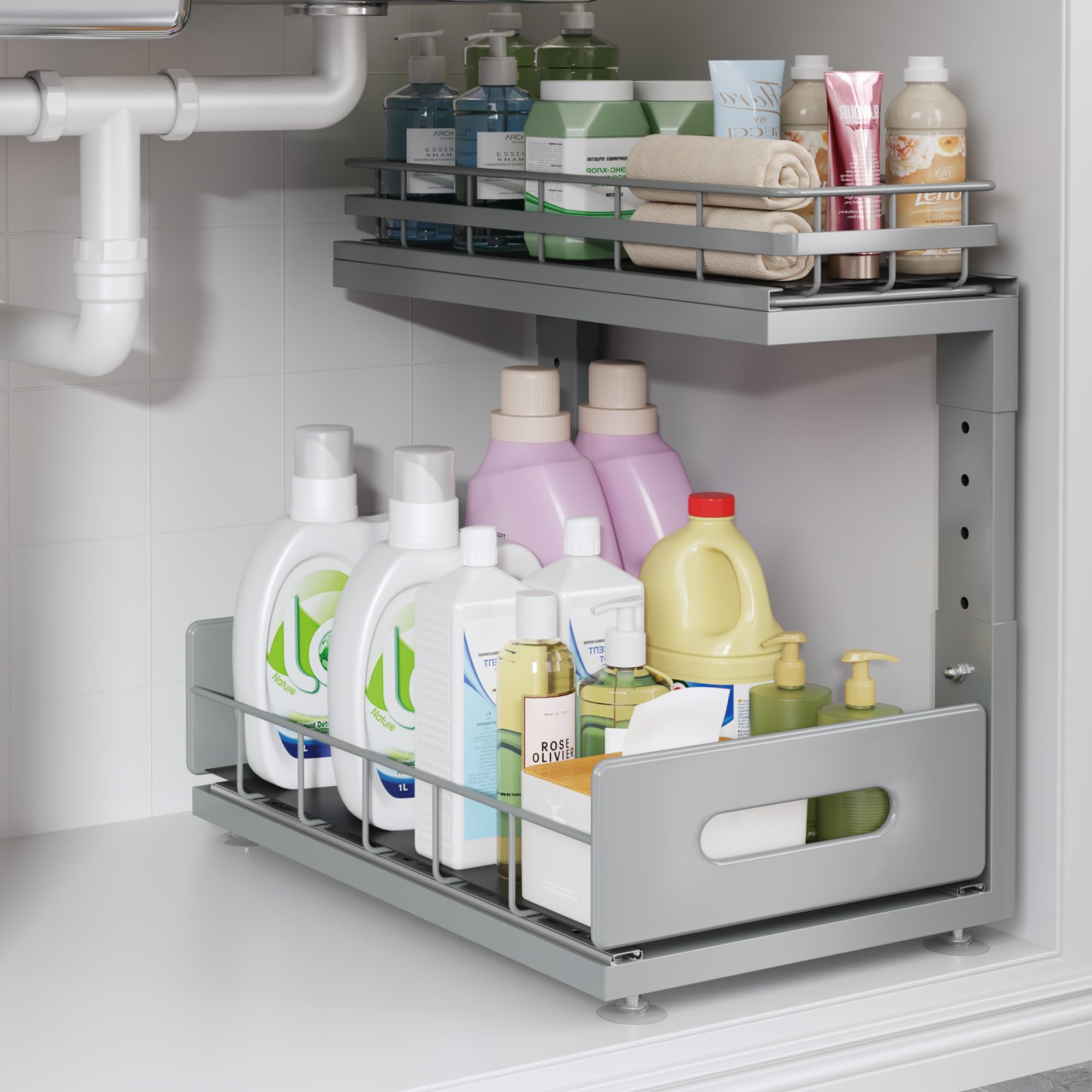 Photo 1 of 1 Pack Under Sink Organizer Upgrade to Professional Rails,2-Tier Dual Pull Out Cabinet Storage,Height Adjustable Slide Out Drawers for Bathroom Kitchen,Under Sink Shelf-Gun Gray