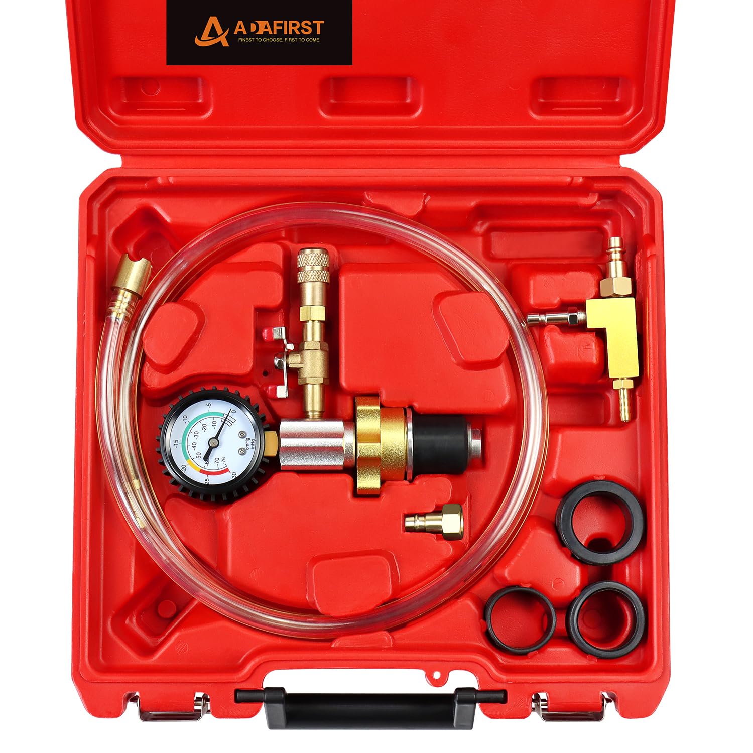 Photo 1 of ADAFIRST Automotive Radiator Coolant Vacuum Refill Tool Kit, Engine Cooling System Vacuum Purge & Fill Tool Set with Universal Adapters (O.D. 32mm 35mm 40mm 45mm) for Car SUV Truck Airlift, Red Case