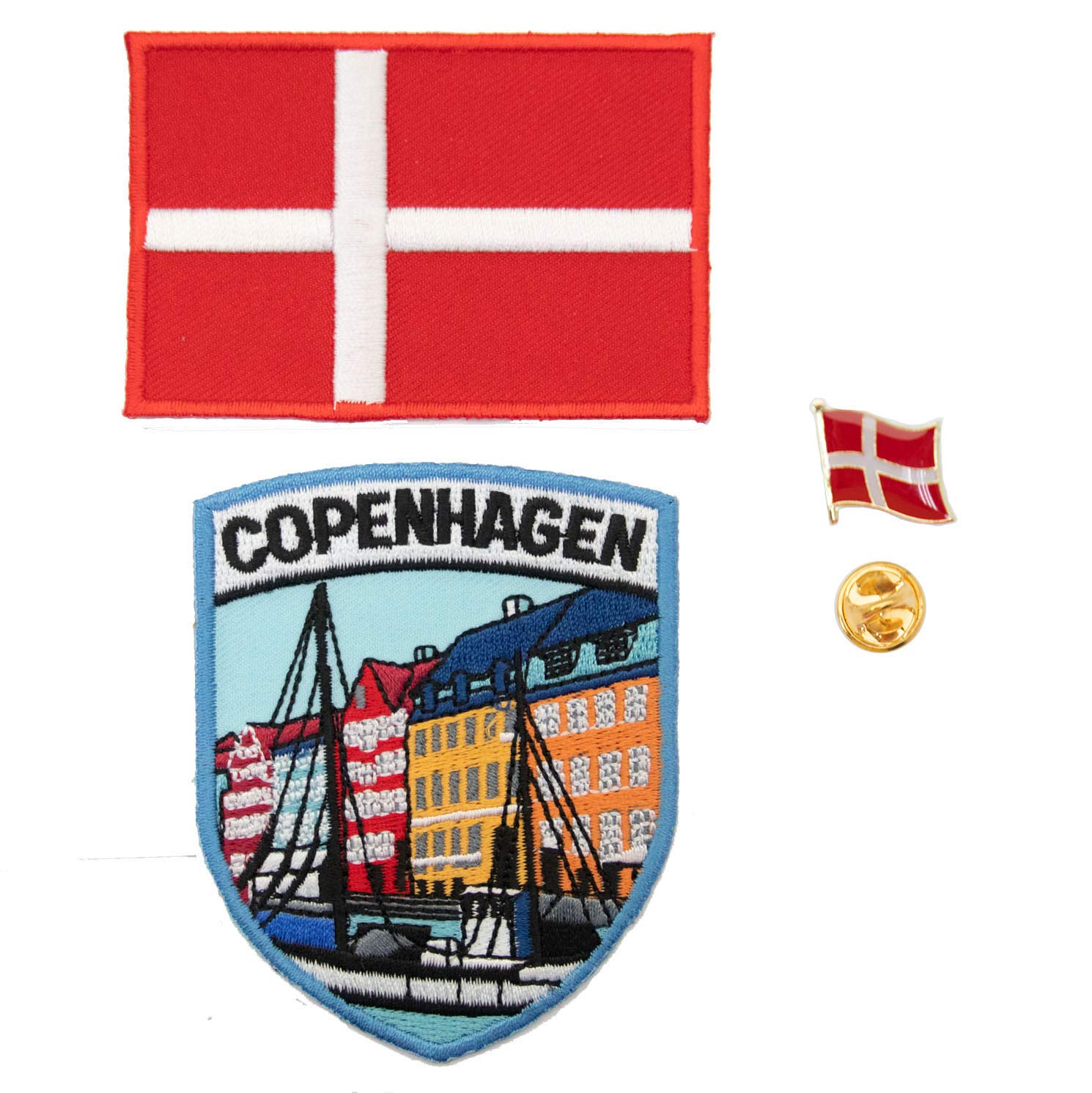 A-ONE 3PCS Pack-Copenhagen Emblem Patch+Denmark Embroidered Patches+ Danish Dane Flag Pin Badges, Landmark Iron on Sew on Needle Patch, European National Flag Lapel Pin