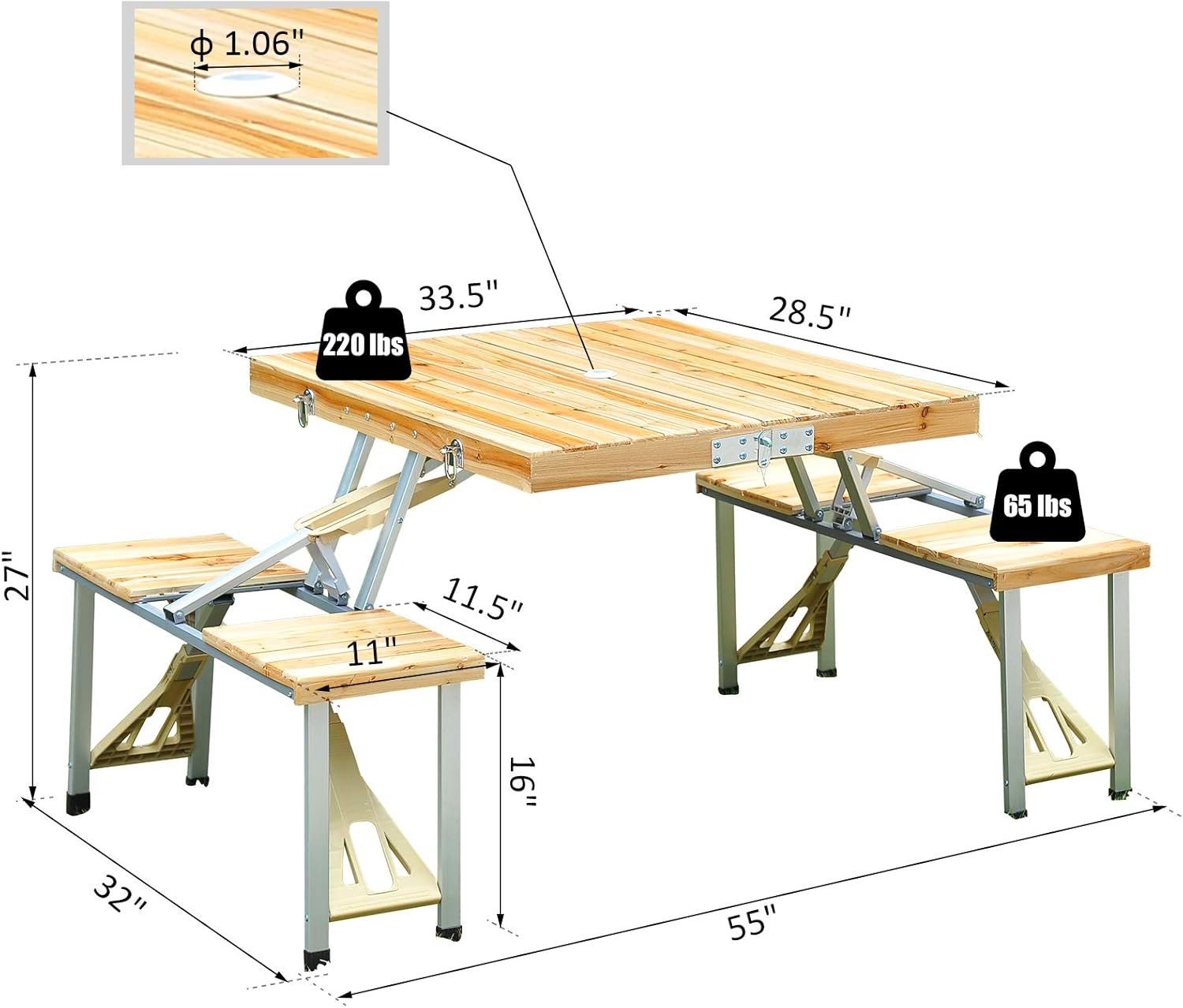 Outsunny Portable Foldable Camping Picnic Table with Seats Chairs and Umbrella Hole, 4-Person Fold Up Travel Picnic Table, Wood : Outdoor And Patio Products : Garden & Outdoor
