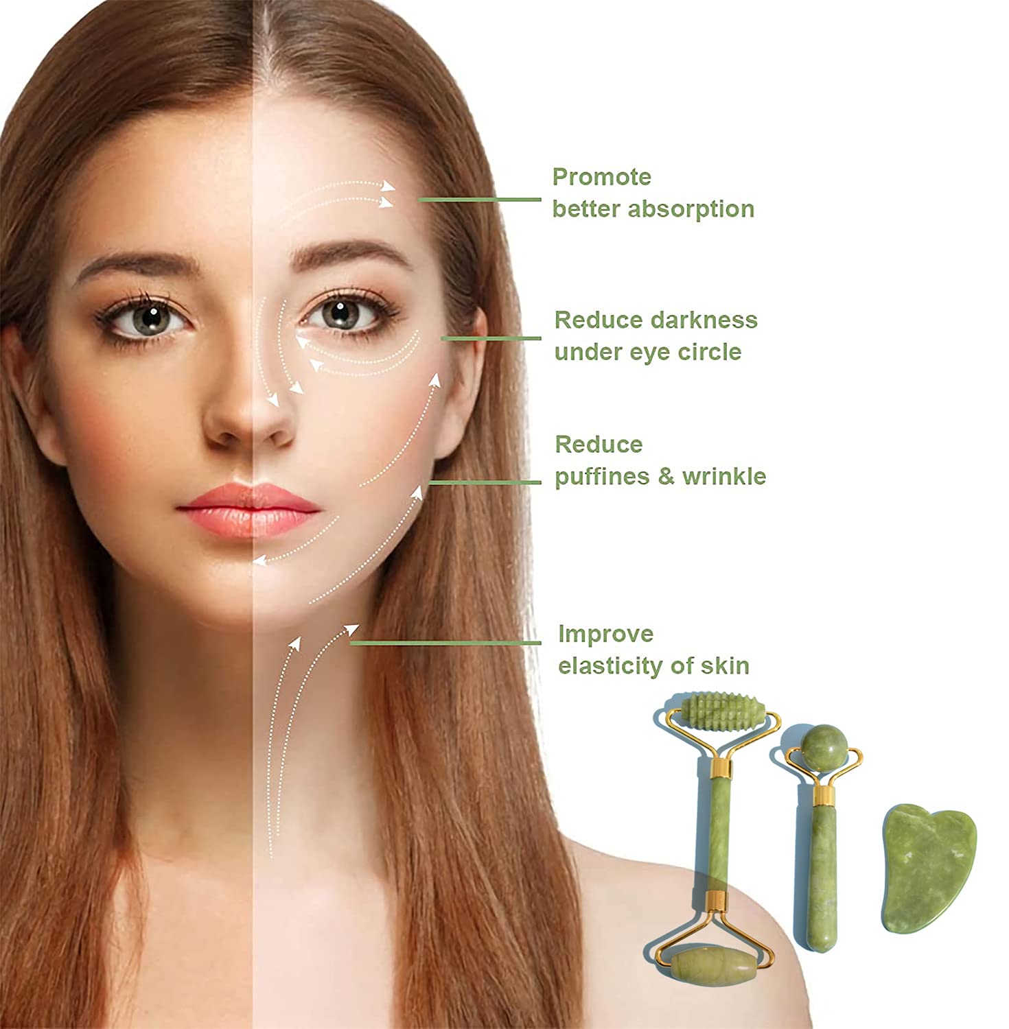 WOBOX 3Pcs Guasha Scraping Massage Tool Set Jade Stone Guasha Board, Used for Face, Neck, Arms, Shoulders, Legs Body Care/Boost Radiance of Complexion,for Valentine’s Day, Birthday, Christmas Gift