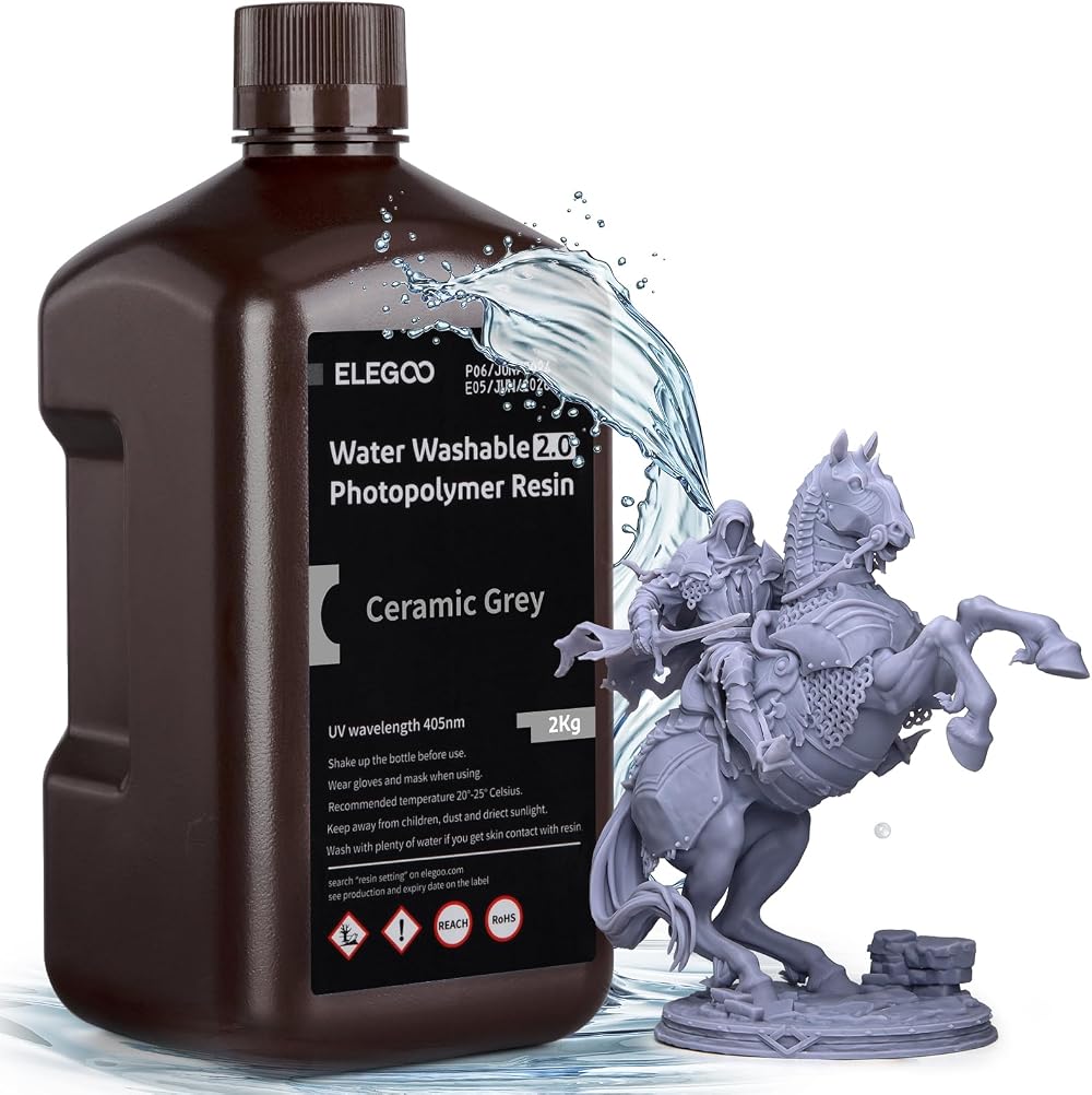 ELEGOO Water Washable 3D Printer Resin 2.0 Ceramic Grey 2KG Fast Curing